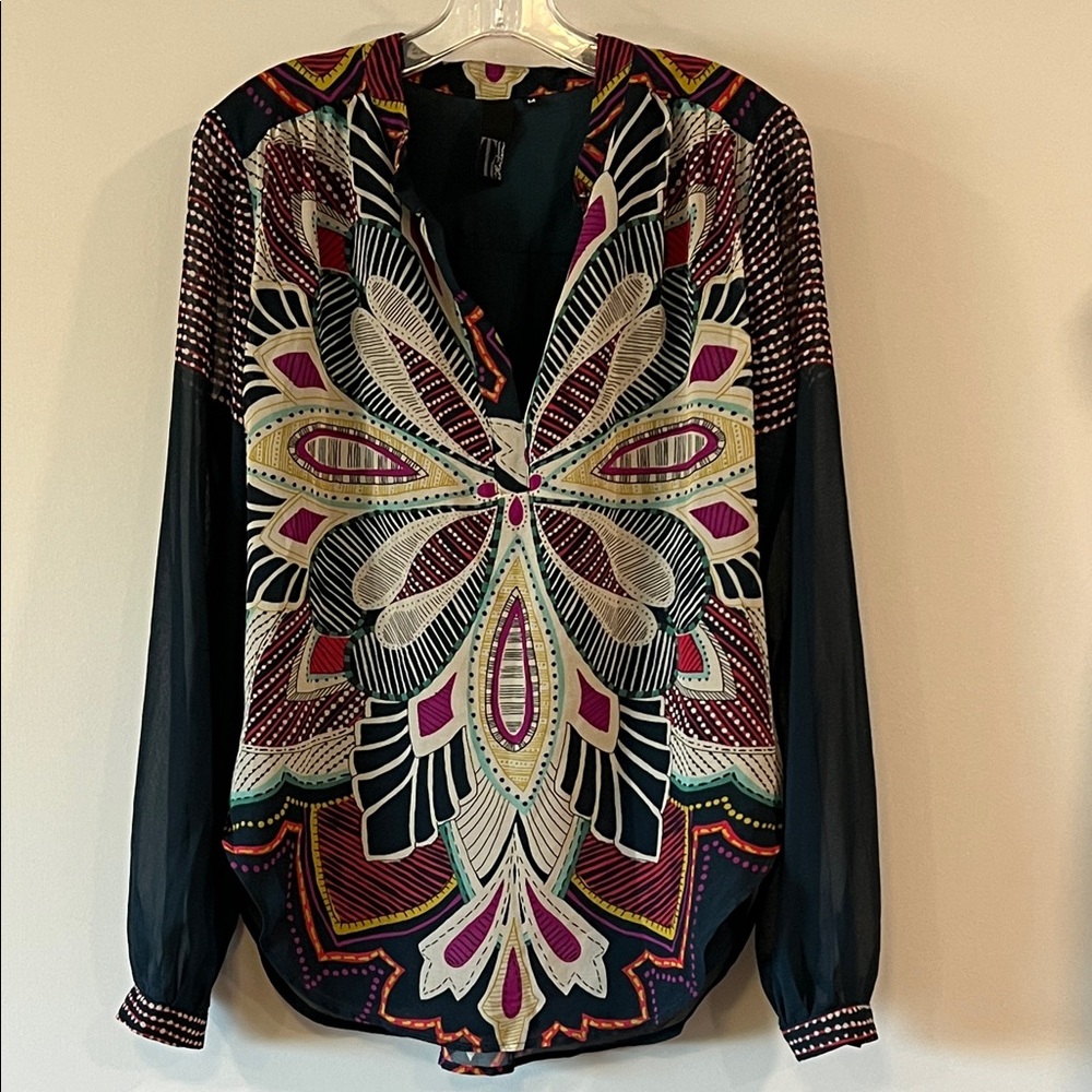 TJ Collection - M, Multicolor Patterned Blouse, Sheer